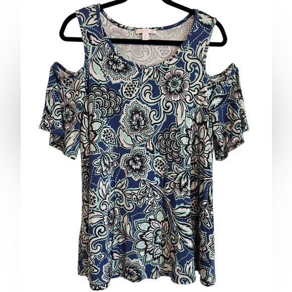 Westport Tops - Westport Floral Cold Shoulder Swing Hem Top Size 1X